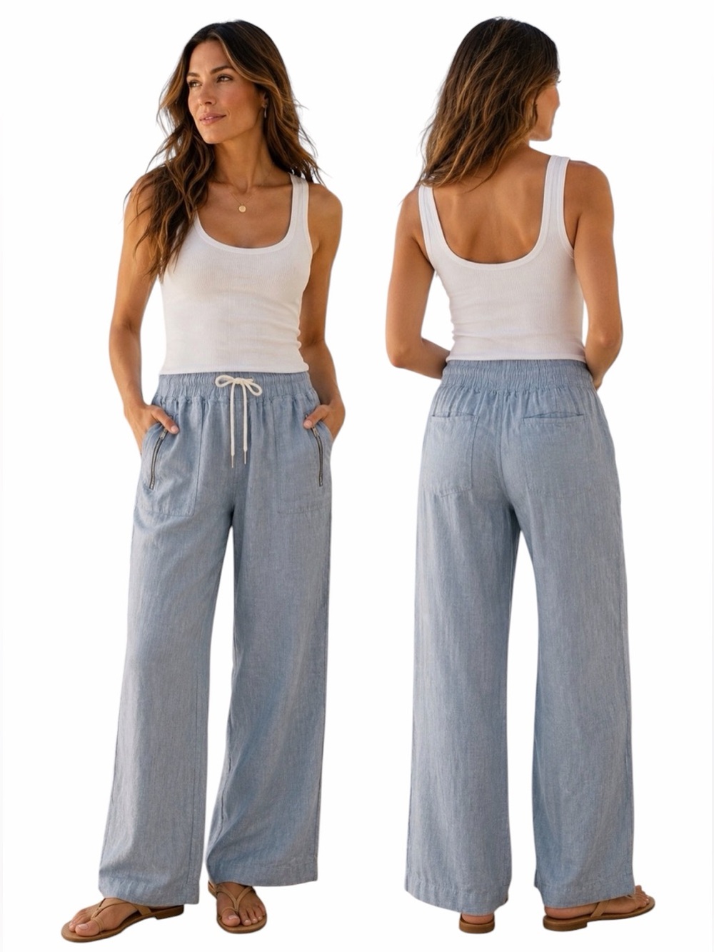 Athleta Light Blue Wide Leg Linen-Blend Pants